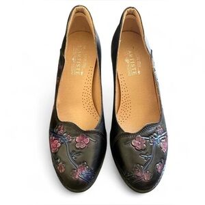 Floral Embossed Black Leather Slip-On Heels